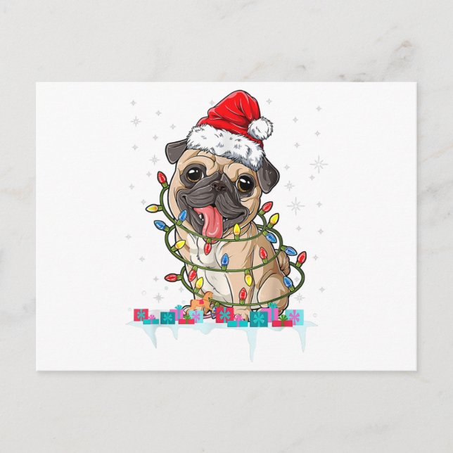 Cartão Postal Pug Christmas Tree Lights Papais noeis Dog Xmas Gi (Frente)