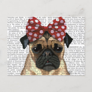 Cartão Postal Pug com Arco vermelho na cabeça