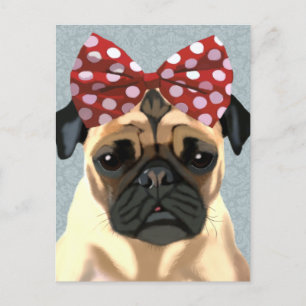Cartão Postal Pug com Arco vermelho na cabeça 2