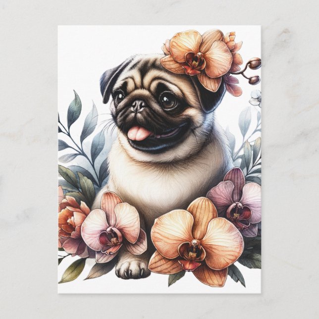 Cartão Postal Pug com Ramificação Orquídea, Pós-Travessia (Frente)