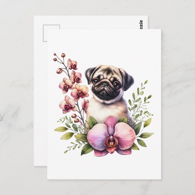 Cartão Postal Pug com Ramificação Orquídea, Pós-Travessia (Frente/Verso)