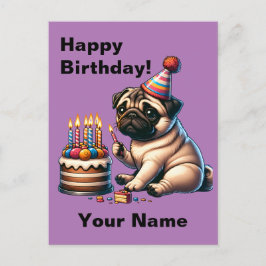 Cartão Postal Pug de Aniversário Saudação Personalizável