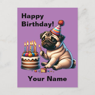 Cartão Postal Pug de Aniversário Saudação Personalizável