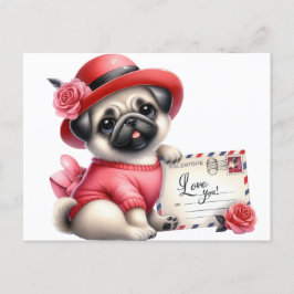Cartão Postal Pug de chapéu vermelho