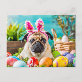 Cartão Postal Pug Dressed as Easter Bunny with Eggs