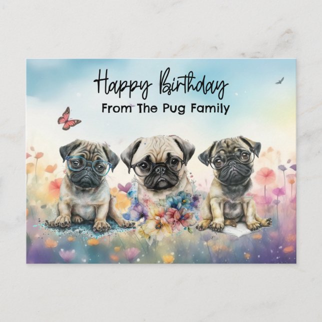 Cartão Postal Pug em Aquarela de Flores Silvestres de Aniversári (Frente)