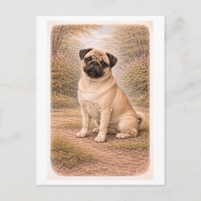 Cartão Postal Pug Estilo Vintage (Frente)