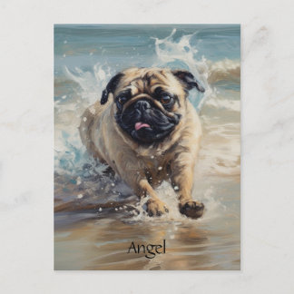 Cartão Postal Pug Feliz na Praia personalizável
