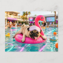 Pug Flutuando em Flutuador de Flamingo Rosa