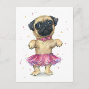 Cartão Postal Pug in a Tutu Cute Puppy Painting