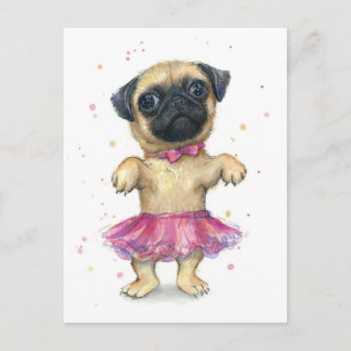 Cartão Postal Pug in a Tutu Cute Puppy Painting