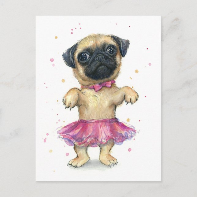 Cartão Postal Pug in a Tutu Cute Puppy Painting (Frente)