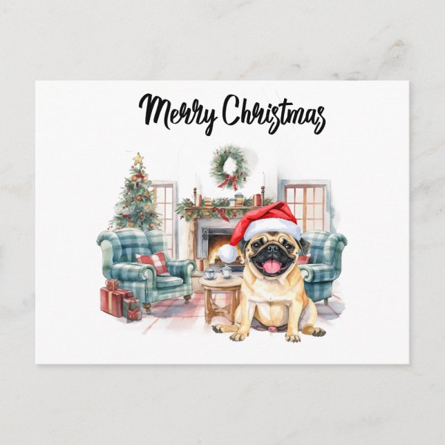 Cartão Postal Pug Merry Christmas watercolor (Frente)