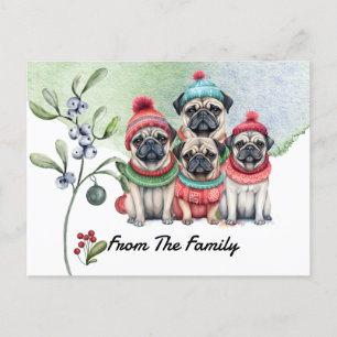Cartão Postal Pug Merry Christmas watercolor