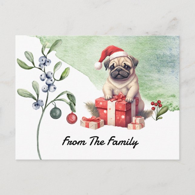 Cartão Postal Pug Merry Christmas watercolor (Frente)