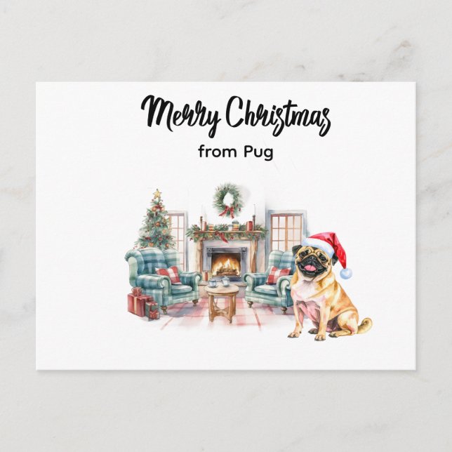 Cartão Postal Pug Merry Christmas watercolor Postcard (Frente)