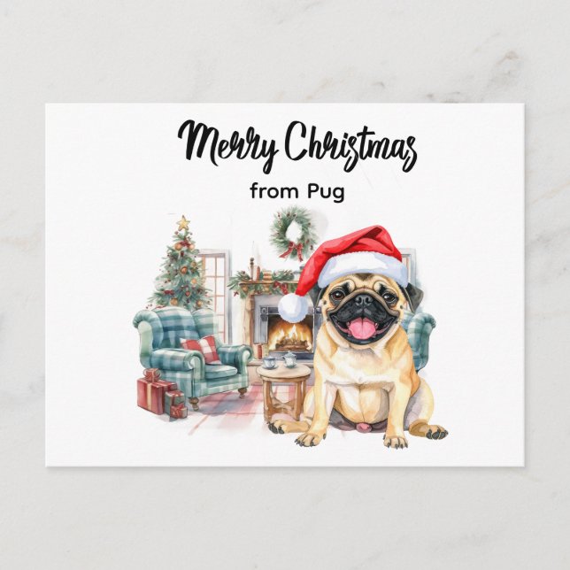 Cartão Postal Pug Merry Christmas watercolor Postcard (Frente)