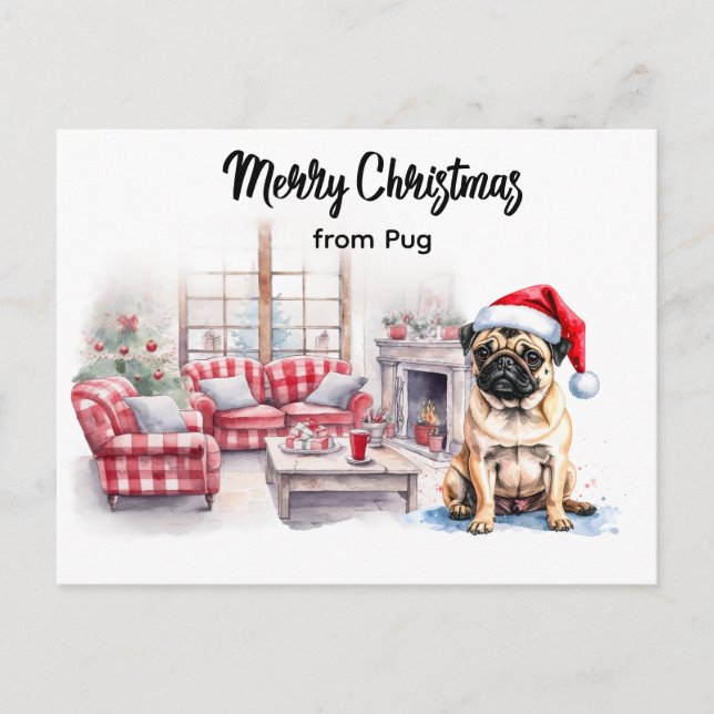 Cartão Postal Pug Merry Christmas watercolor Postcard (Frente)