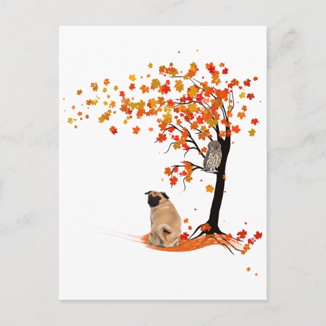 Cartão Postal Pug Owl E Fall Tree Pug Proprietário Funny Pug Aut (Frente)