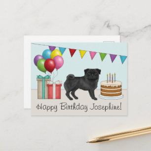 Cartão Postal Pug Preto Desenho Animado Fofo Aniversário Feliz C