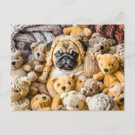Cartão Postal Pug Surrounded by Plush Teddy Bears
