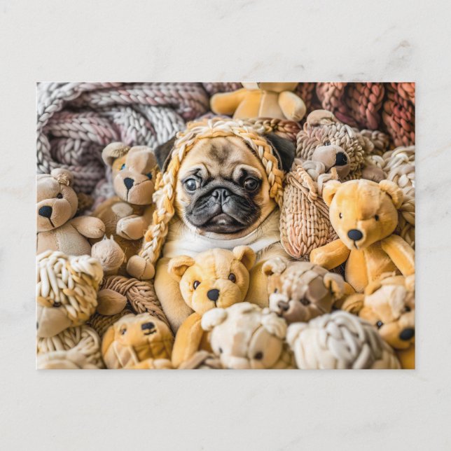 Cartão Postal Pug Surrounded by Plush Teddy Bears (Frente)