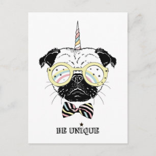 Cartão Postal Pug Unicórnio   Seja Único