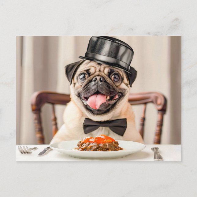 Cartão Postal Pug Wearing Hat Sitting at Table (Frente)