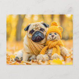 Cartão Postal Pug with Plush Toy in Autumn Forest