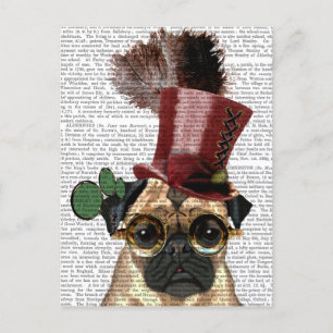 Cartão Postal Pug with Steampunk Style Top Hat