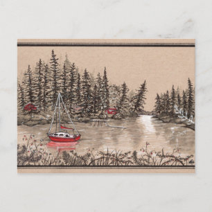 Cartão Postal Puget Sound Red Sailboat, fora da Península-Chave