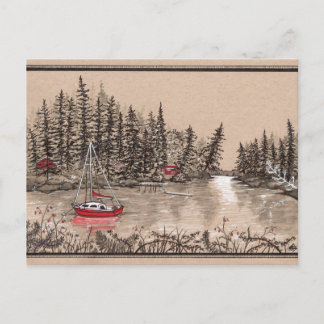 Cartão Postal Puget Sound Red Sailboat, fora da Península-Chave