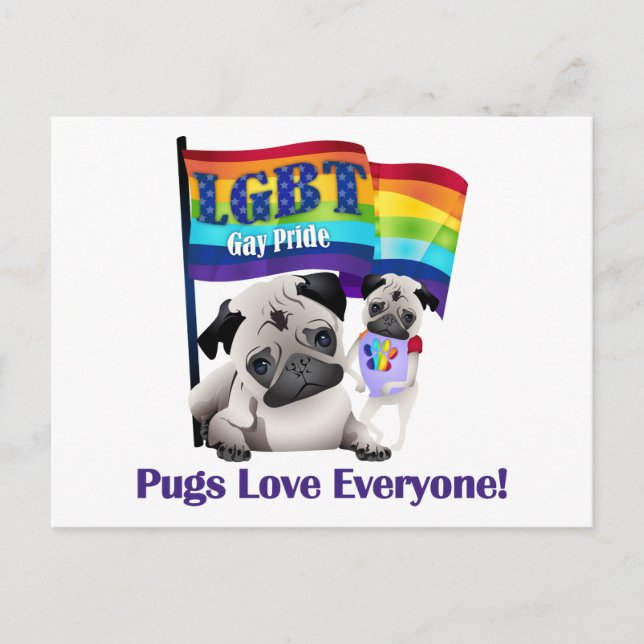Cartão Postal Pugs Adoram Todos Orgulho gay Pugs Com Bandeira (Frente)