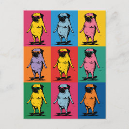 Cartão Postal Pugs Engraçados em Skateboards Grade de Arte Pop