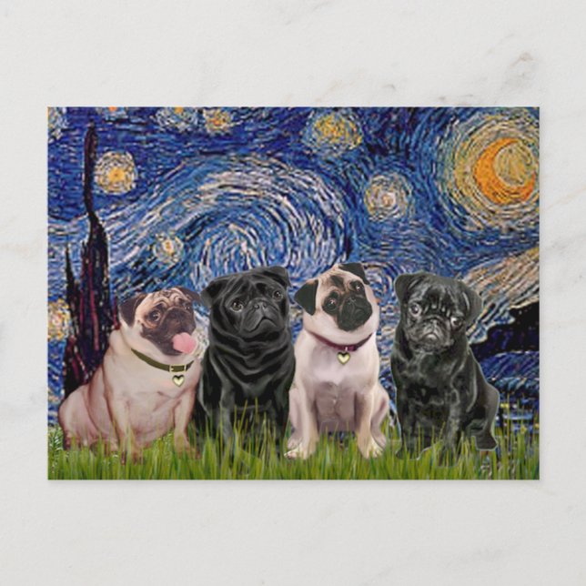 Cartão Postal Pugs (Quatro,2B,2F) - Noite Estrelada (Frente)