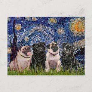 Cartão Postal Pugs (Quatro,2M,2F) - Noite Estrelada