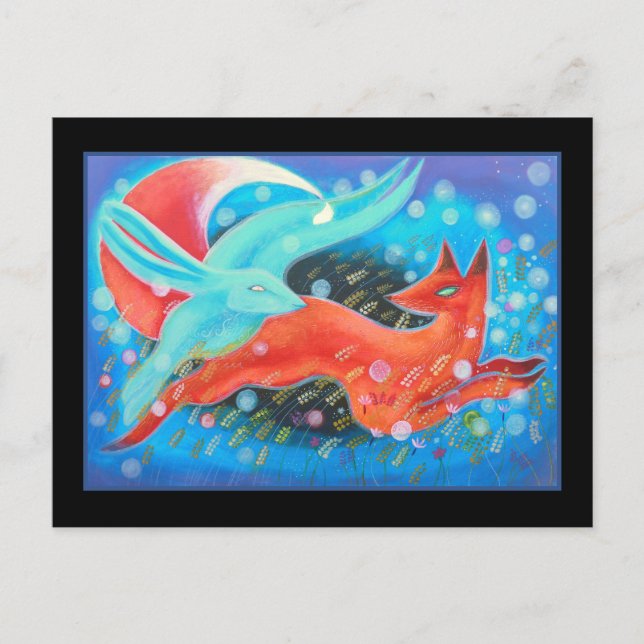 Cartão Postal Pulando animais, uma raposa e uma lebre. (Frente)