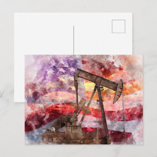 Cartão Postal Pumpjack silhoucolor com bandeira americana (Frente/Verso)