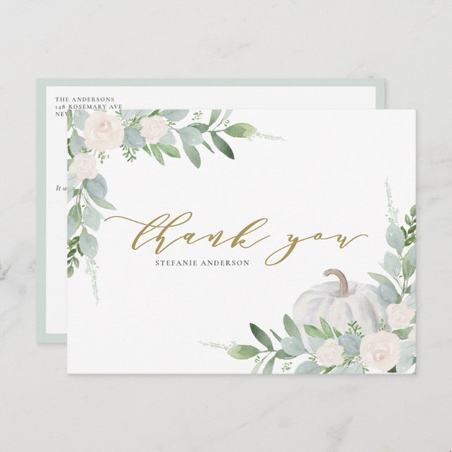 Cartão Postal Pumpkin branco e outono verde - Obrigado (Frente/Verso)