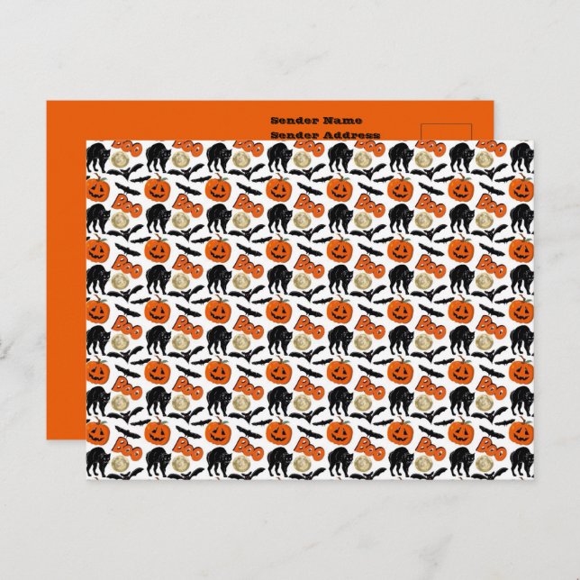 Cartão Postal Pumpkin De Gato E Desenho De Lua Do Halloween Boo  (Frente/Verso)