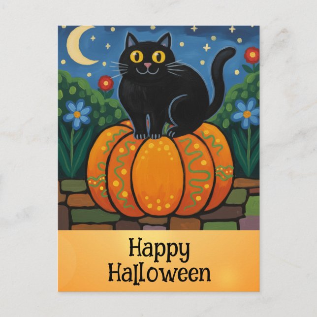Cartão Postal Pumpkin de Laranja de Gato Preto e Feliz Halloween (Frente)