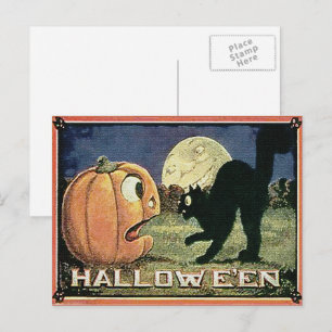 Cartão Postal Pumpkin e Gato do Vintage Halloween no Mosaico