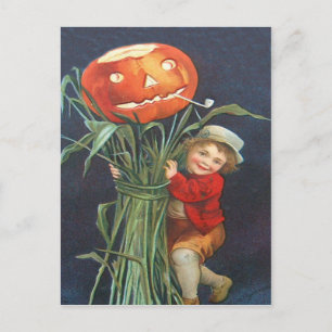 Cartão Postal Pumpkin Jack O Lanterna Cornstalk Boy