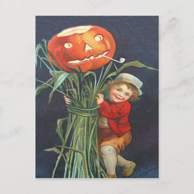 Cartão Postal Pumpkin Jack O Lanterna Cornstalk Boy (Frente)