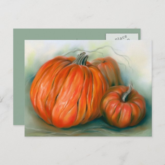 Cartão Postal Pumpkin Patch Autumn Trio Pastel Art (Frente/Verso)