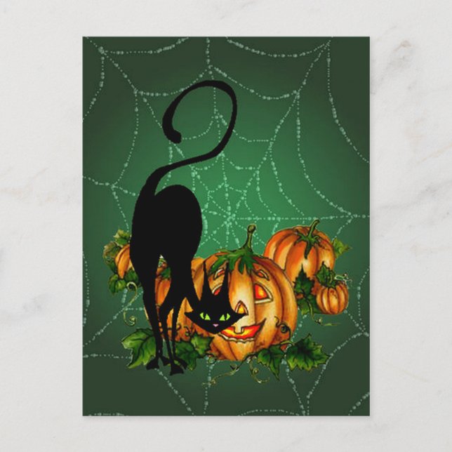Cartão Postal PUMPKIN PATCH, BLACK CAT & WEB by SHARON SHARPE (Frente)