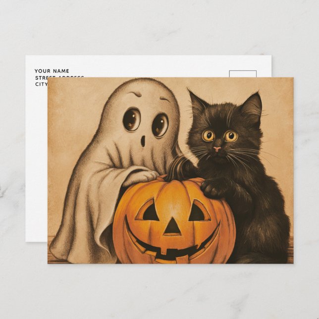 Cartão Postal Pumpkin Preto Ghost Ghost do Halloween (Frente/Verso)