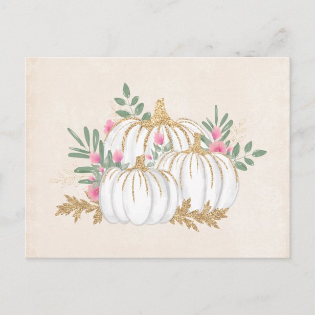 Cartão Postal Pumpkins branco e Dourado Aquarela (Frente)