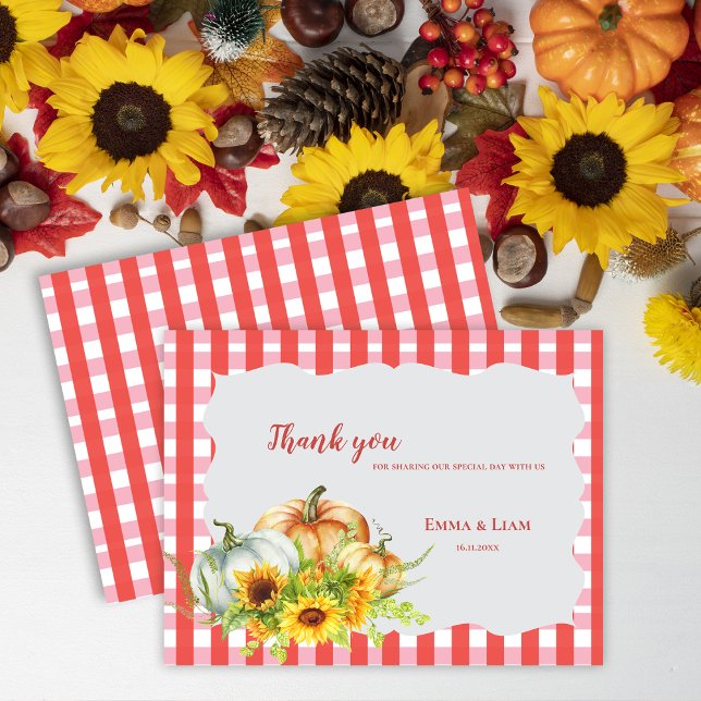 Cartão Postal Pumpkins Girassóis Flores do outono Casamento outo (Pumpkins Sunflowers Autumn Fall Wedding Thank You Postcard)