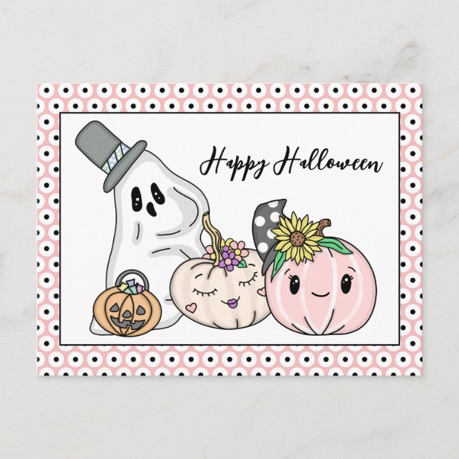 Cartão Postal Pumpkins Whimsical Pumpkins rosa e Boo (Frente)